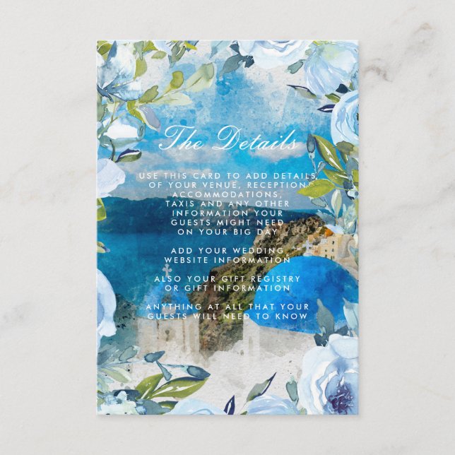 santorini blue floral wedding details information enclosure card (Front)