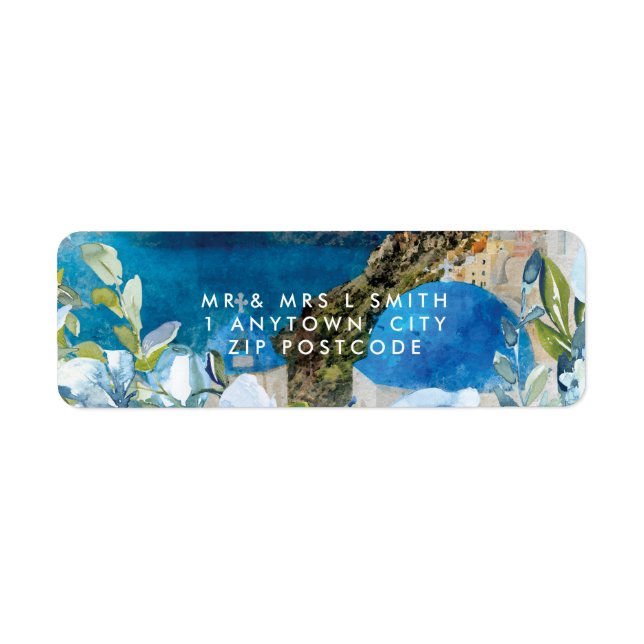 Santorini blue florals summer return address label (Front)