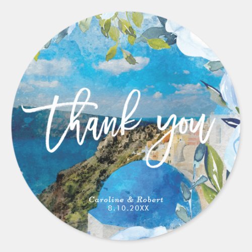 Santorini blue florals wedding thank you sticker