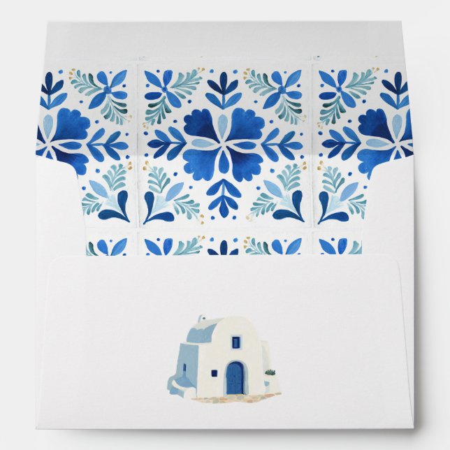 Santorini Blue Greek Floral Tile Wedding Envelope (Back (Bottom))