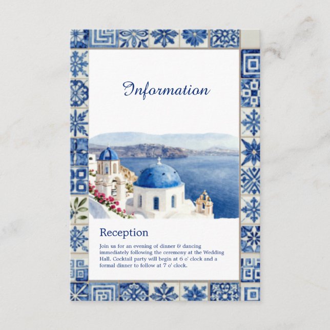 Santorini Blue Tile Watercolor Destination Wedding Enclosure Card (Front)