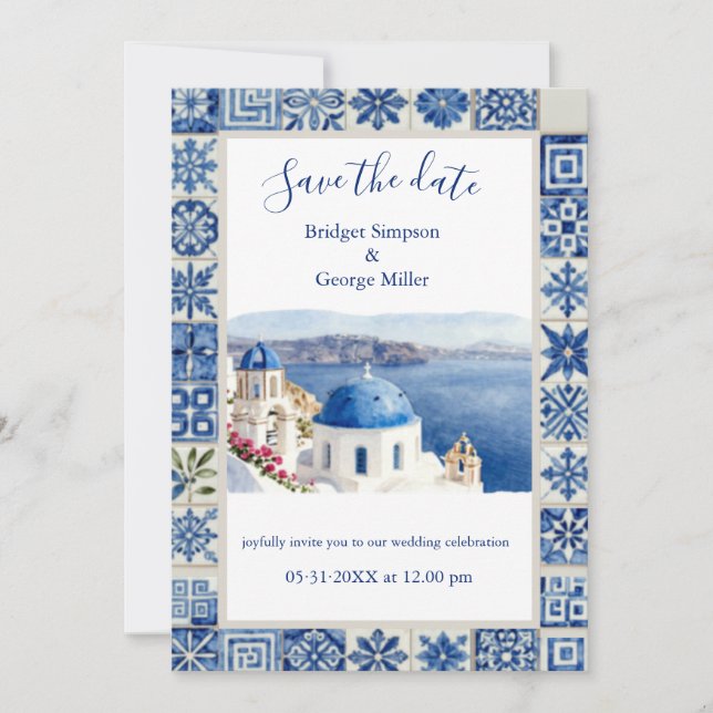 Santorini Blue Tile Watercolor Destination Wedding Invitation (Front)