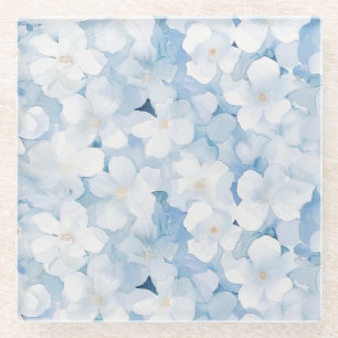 Santorini Blue White Flowers Glass Coaster