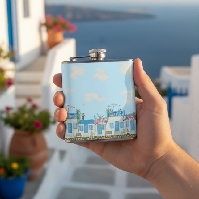Santorini Blue White Greek Village Coastal Art Flask (Creator Uploaded)