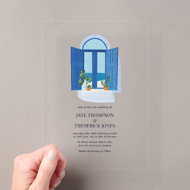 Santorini Blue Window Greek Island Wedding Acrylic Invitations (Insitu (Handheld))