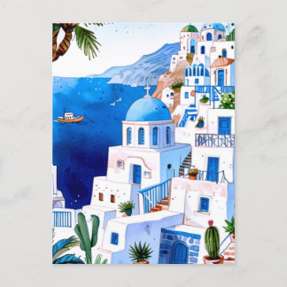Santorini by the Sea, Greece Blue Watercolor Greek Postcard
