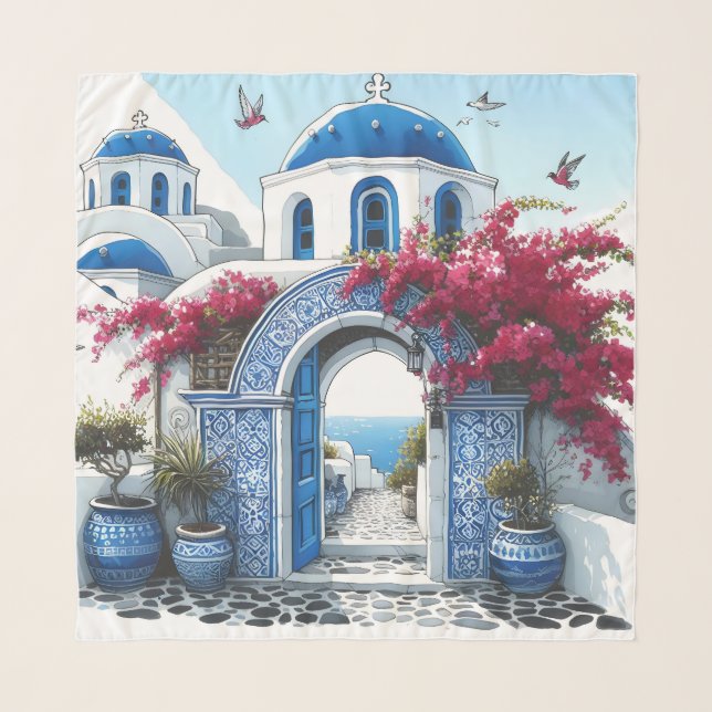 Santorini Church Blue Floral Wedding Anniversary  Scarf (Front)