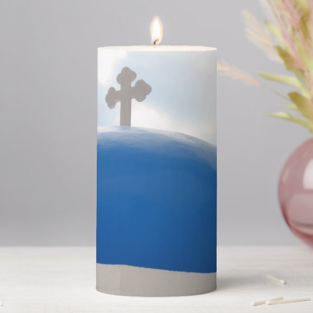 Santorini Church in the Afternoon Sun Flameless Ca Pillar Candle (In Situ)