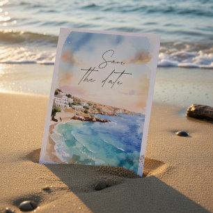 Santorini Coastal Save the Date   Watercolor Beach Invitation