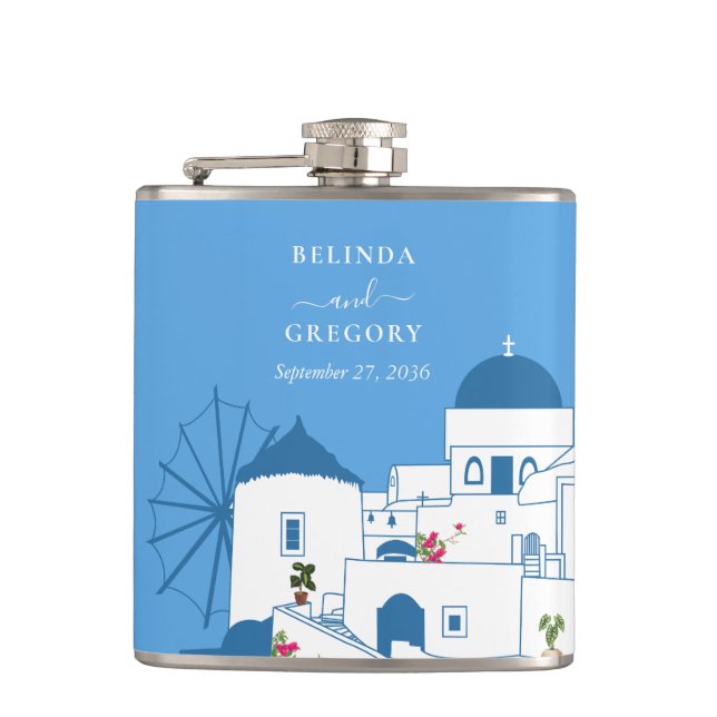 Santorini Destination Greek Island Wedding  Flask (Front)