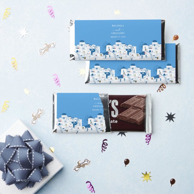Santorini Destination Greek Island Wedding  Hershey Bar Favors (Front)