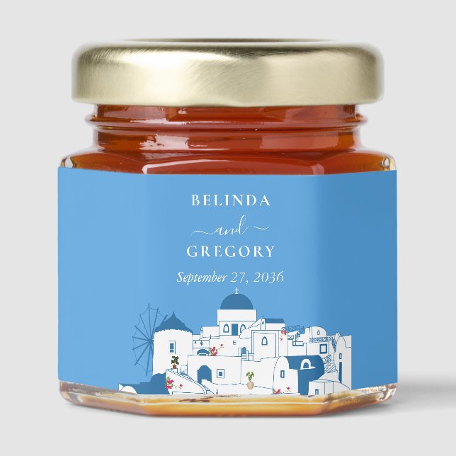Santorini Destination Greek Island Wedding  Honey Jar Favors (Front)