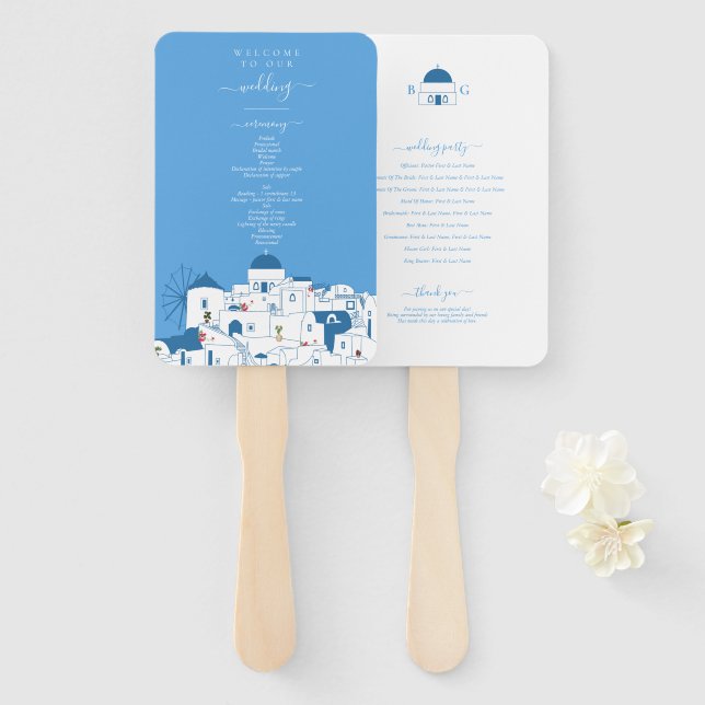 Santorini Destination Greek Island Wedding Program Hand Fan (Front and Back)