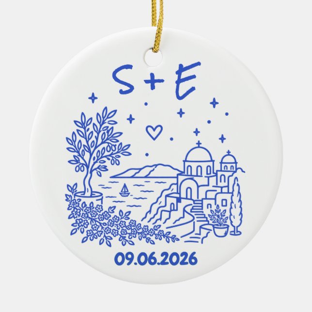 Santorini Destination Wedding Initials & Date Ceramic Ornament (Front)