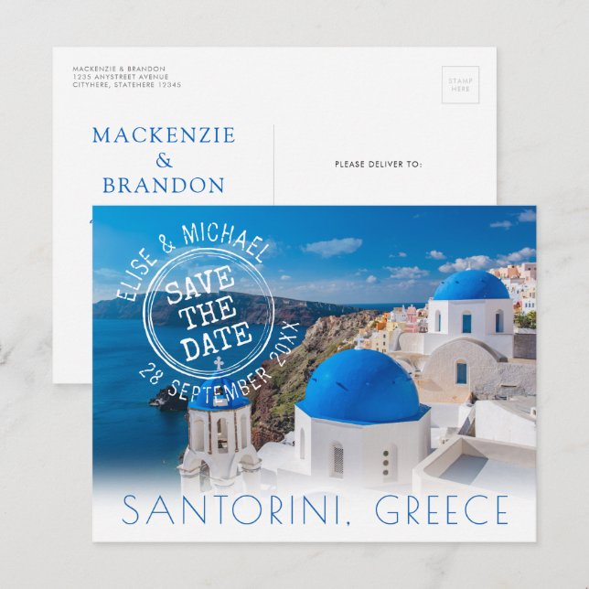Santorini Destination Wedding Save the Date Announcement Postcard (Front/Back)