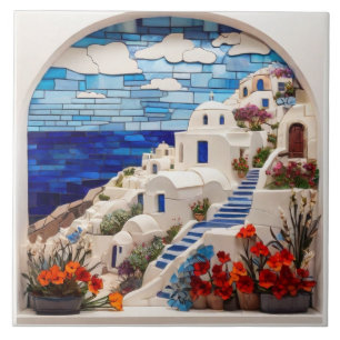 Santorini Faux Relief Mosaic Arch, Greek Village Ceramic Tile