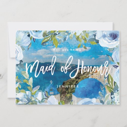 santorini floral maid of honor proposal card