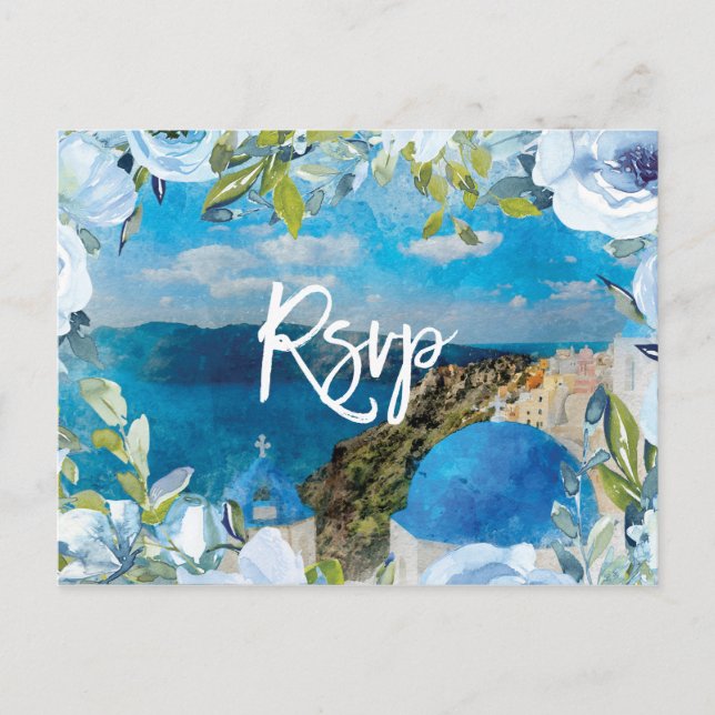 Santorini floral summer wedding rsvp postcard (Front)