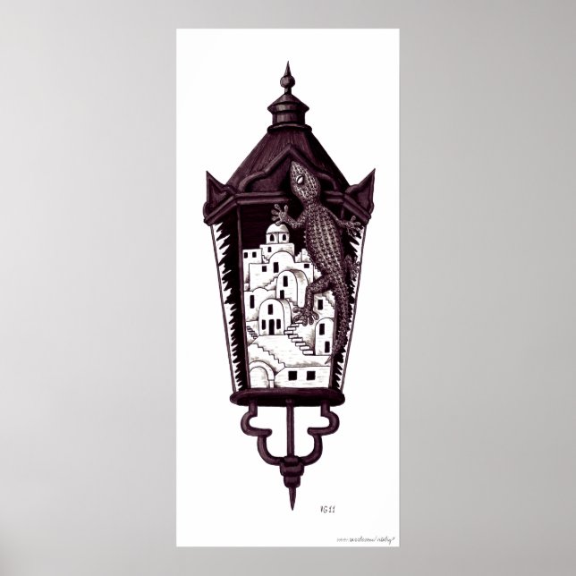 Santorini gekko surreal concept black and white poster (Front)