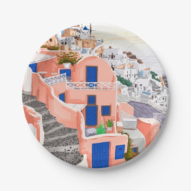 Santorini Greece Architecture Paper Plates (Front)