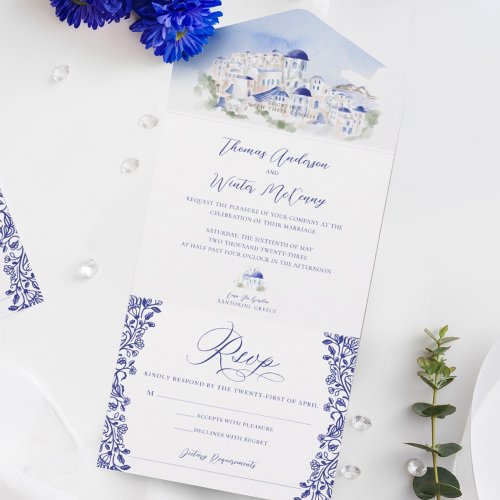 Santorini Greece Architecture Watercolor Wedding All In One Invitation