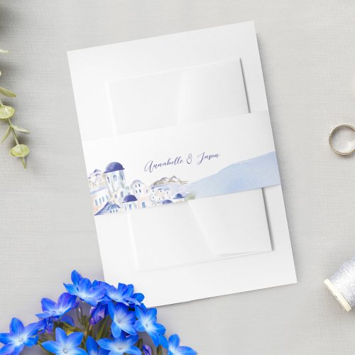 Santorini Greece Architecture Watercolor Wedding Invitation Belly Band