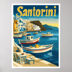 Santorini Greece Art Vintage Travel Illustration Poster