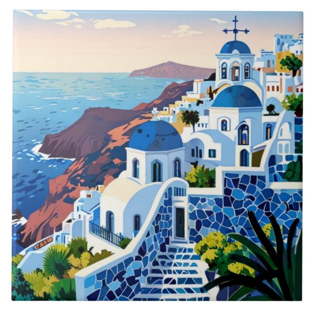 Santorini Greece at Sunset - Greek Island Ceramic Tile (Front)