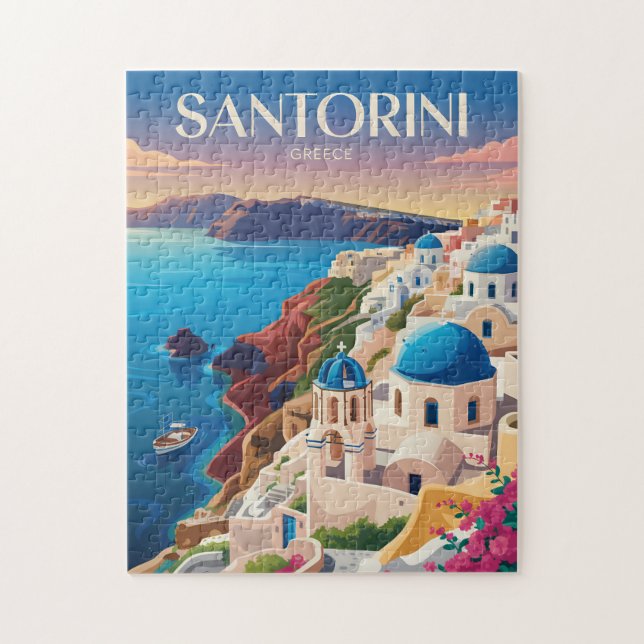 Santorini Greece Blue Dome Travel Art Vintage Jigsaw Puzzle (Vertical)