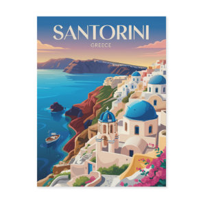 Santorini Greece Blue Dome Travel Art Vintage Postcard