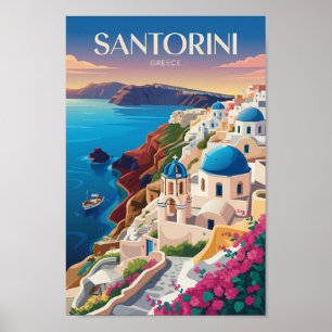 Santorini Greece Blue Dome Travel Art Vintage Poster