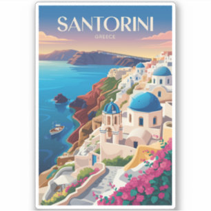 Santorini Greece Blue Dome Travel Art Vintage Sticker