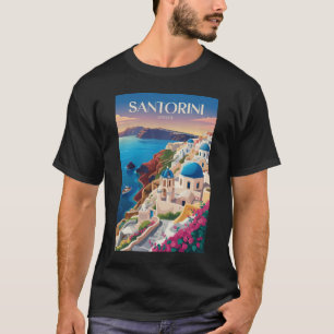 Santorini Greece Blue Dome Travel Art Vintage T-Shirt