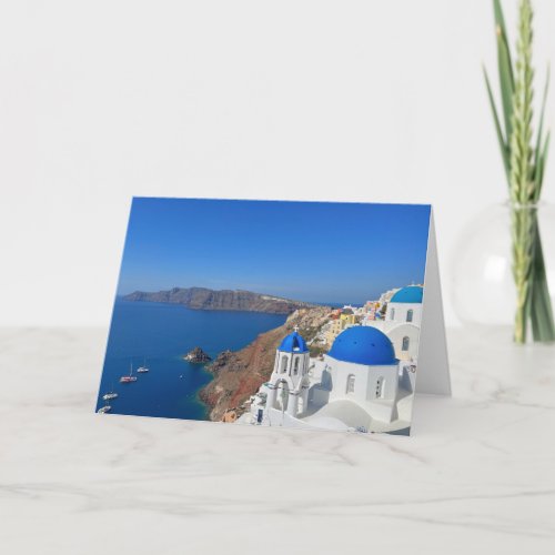 Santorini Greece Blue Domed Church Photograph Card