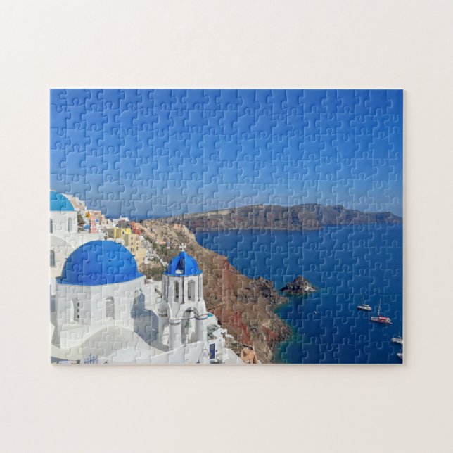 Santorini Greece Blue Domed Church Photograph Jigsaw Puzzle (Horizontal)