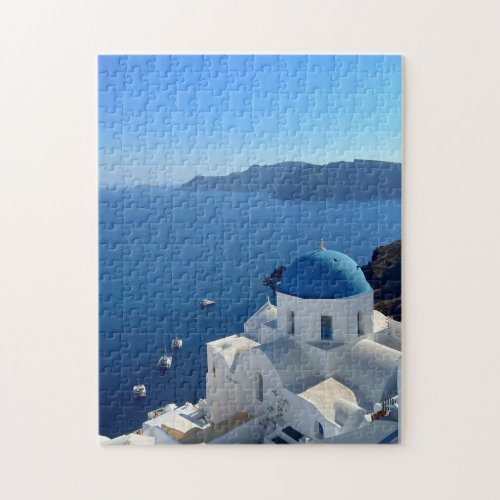 Santorini Greece Blue Domed Church Photograph Jigsaw Puzzle