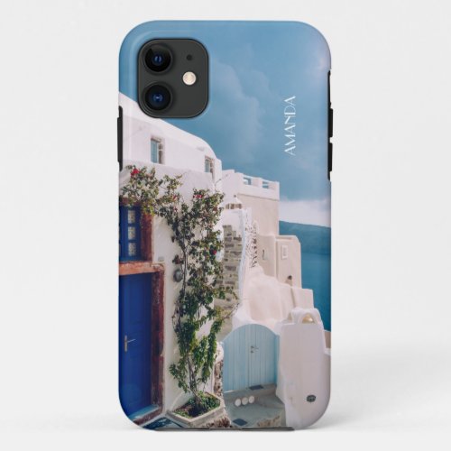 Santorini Greece â blue door at santorini greece iPhone 11 Case