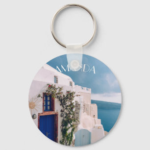 Santorini Greece - blue door at santorini greece Keychain