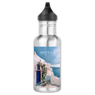 Santorini Greece — blue door at santorini greece Stainless Steel Water Bottle