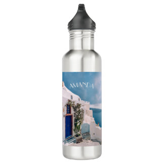 Santorini Greece — blue door at santorini greece Stainless Steel Water Bottle