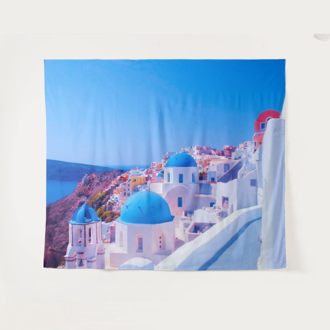 Santorini Greece Blue Island Photo Booth Backdrop (Front (Horizontal))