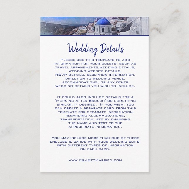 Santorini Greece Blue White Wedding Details Enclosure Card (Front)