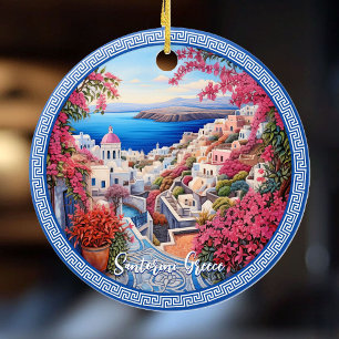Santorini Greece Bougainvillea Painting Travel Art Ceramic Ornament