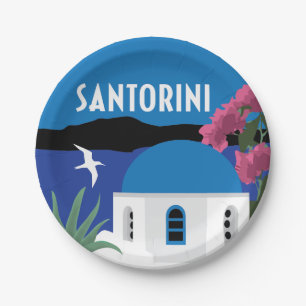 Santorini Greece colorful illustration Paper Plates