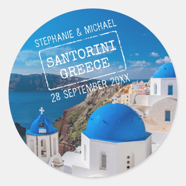 Santorini Greece Destination Custom Passport Stamp Classic Round Sticker (Front)