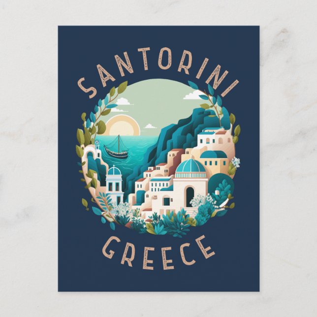 Santorini Greece Distressed Circle Postcard (Front)
