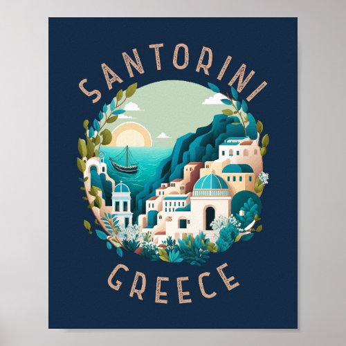 Santorini Greece Distressed Circle Poster