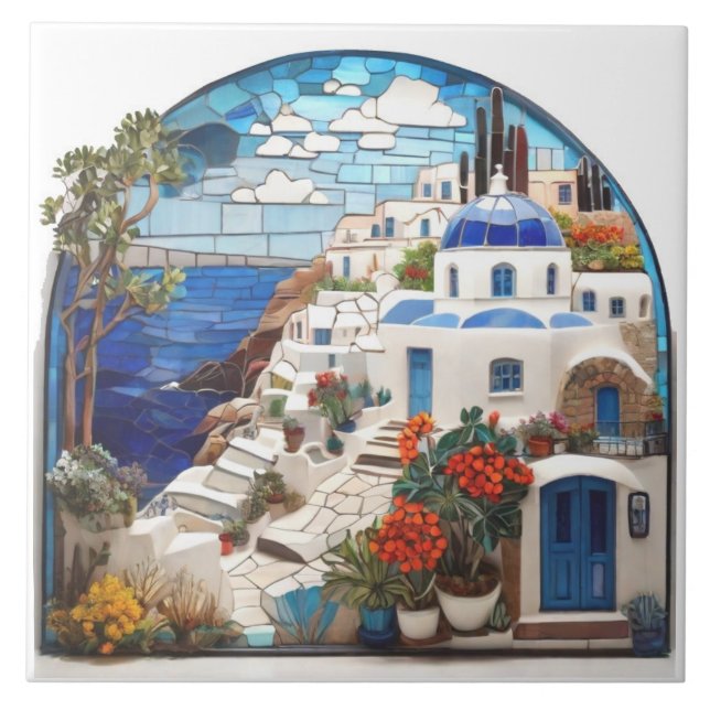 Santorini Greece Faux Mosaic Arch, Greek Village Ceramic Tile (Front)