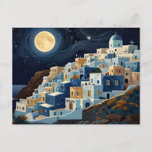Santorini, Greece Full Moon Night Greek Village Holiday Postcard