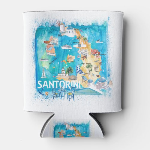 Santorini Greece Illustrated Map with Main Roads Can Cooler